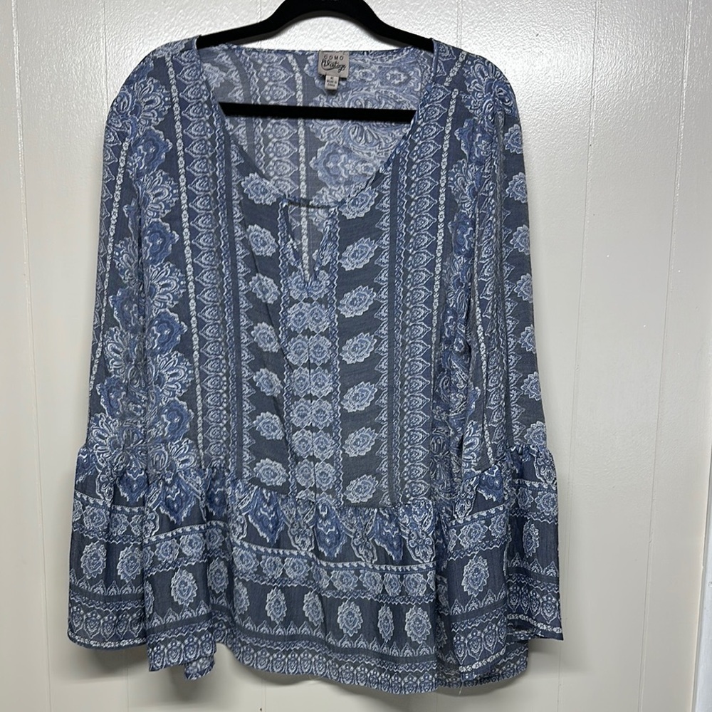Como Vintage Blue and White Bell Sleeve Blouse